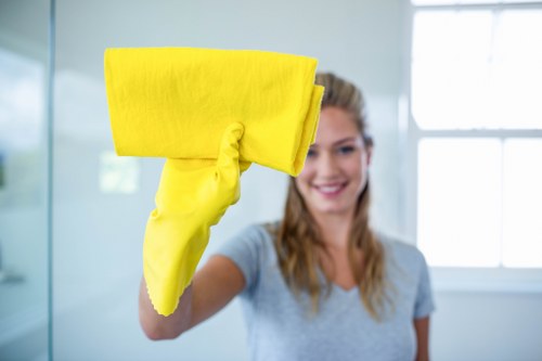 Technician handling carpet cleaning equipment and wet floor safety