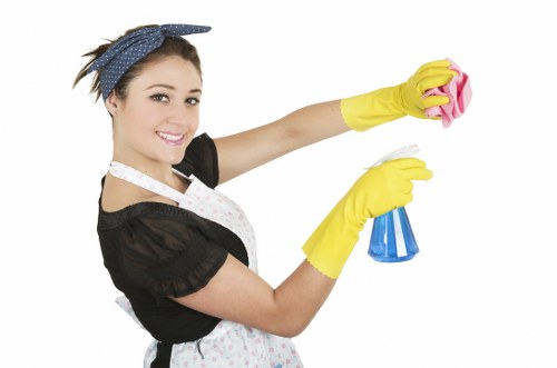 Local Bermondsey cleaner tidying a modern apartment kitchen